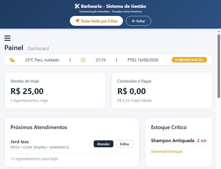 Tela demonstrativa de agenda e gestao de barbearia