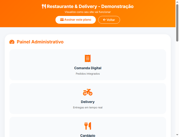 Tela demonstrativa de cardapio e pedidos
